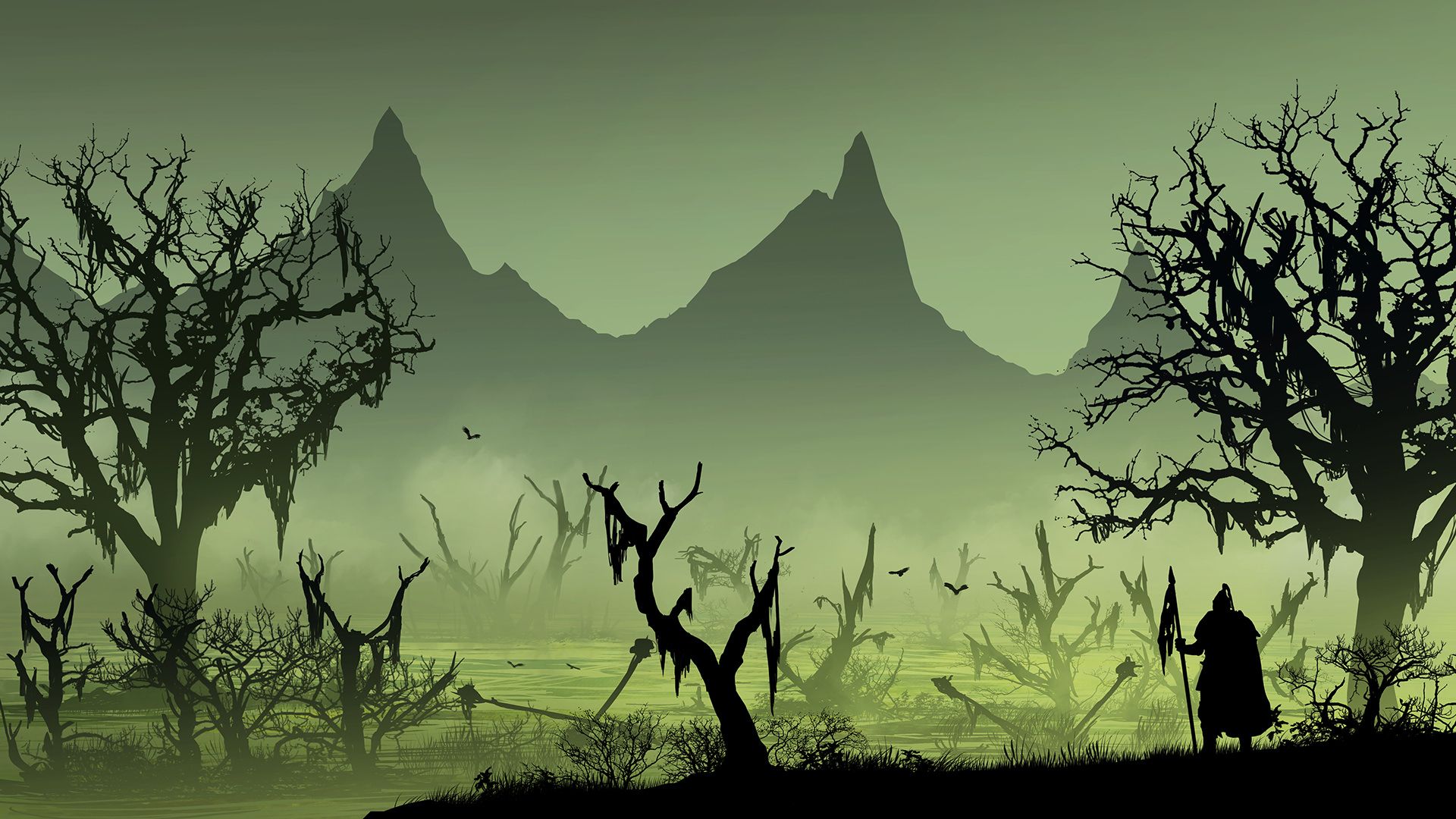 Paesaggio verde con guerriero silhouette, 1920x1080 Full HD, PC Desktop