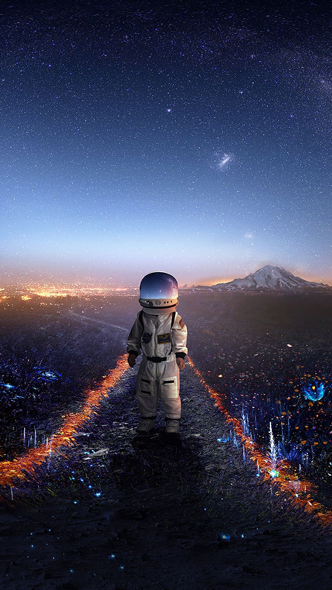 Astronauta città notturna stellata, 1080x1920 Verticale, Mobile