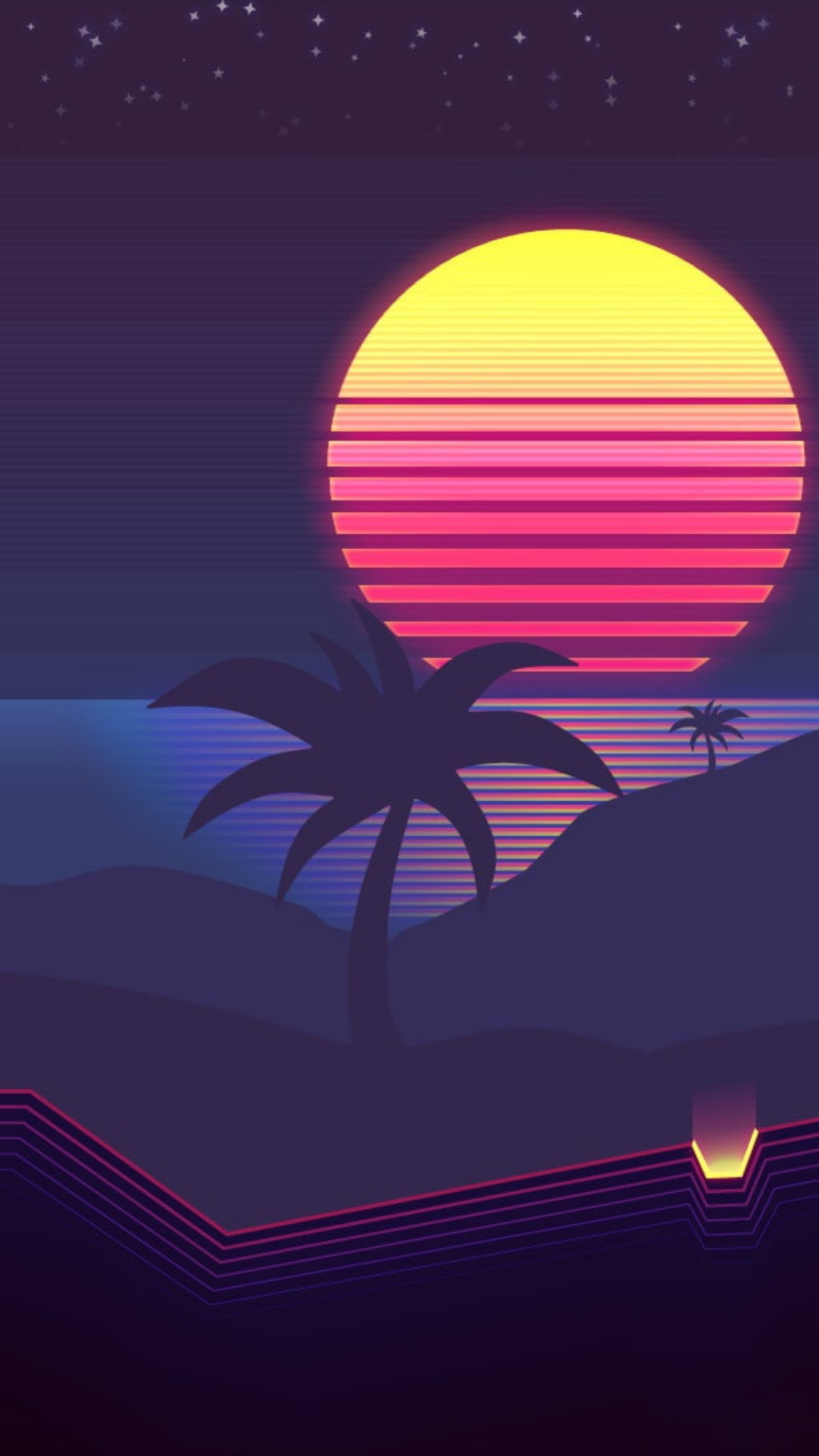 Synthwave tramonto palma retro, 1080x1920 Verticale, Telefono