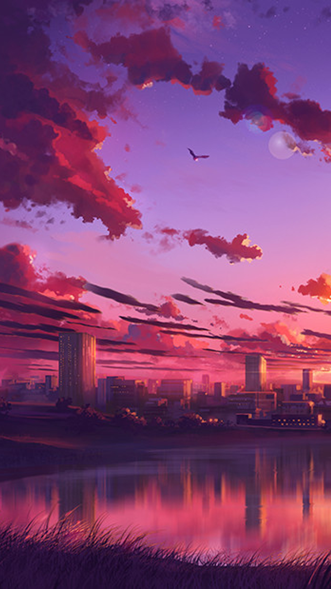 paesaggio urbano anime tramonto viola, 1080x1920 Verticale, Mobile