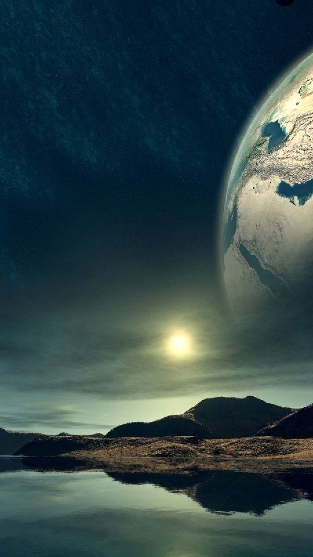 Pianeta gigante su lago montano, 1080x1920 Verticale, Telefono