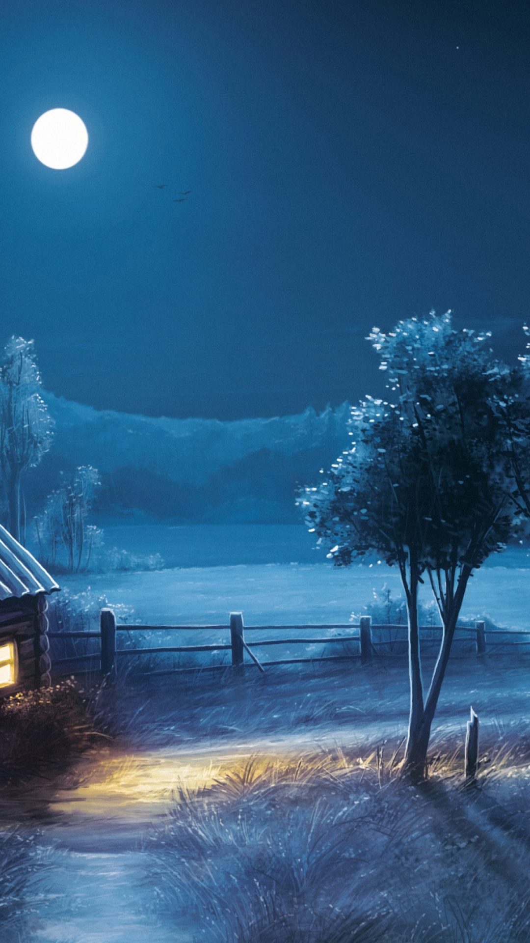 Notte lunare capanna innevata, 1080x1920 Verticale, Telefono