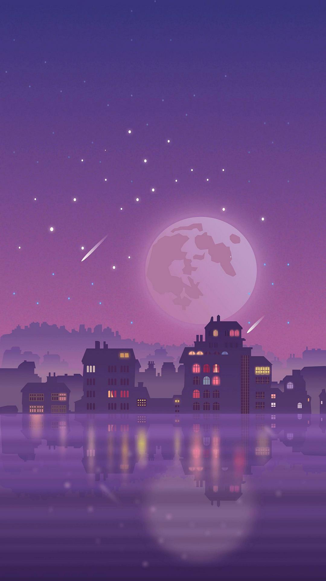 Città pixel art notte viola, 1080x1920 Verticale, Telefono