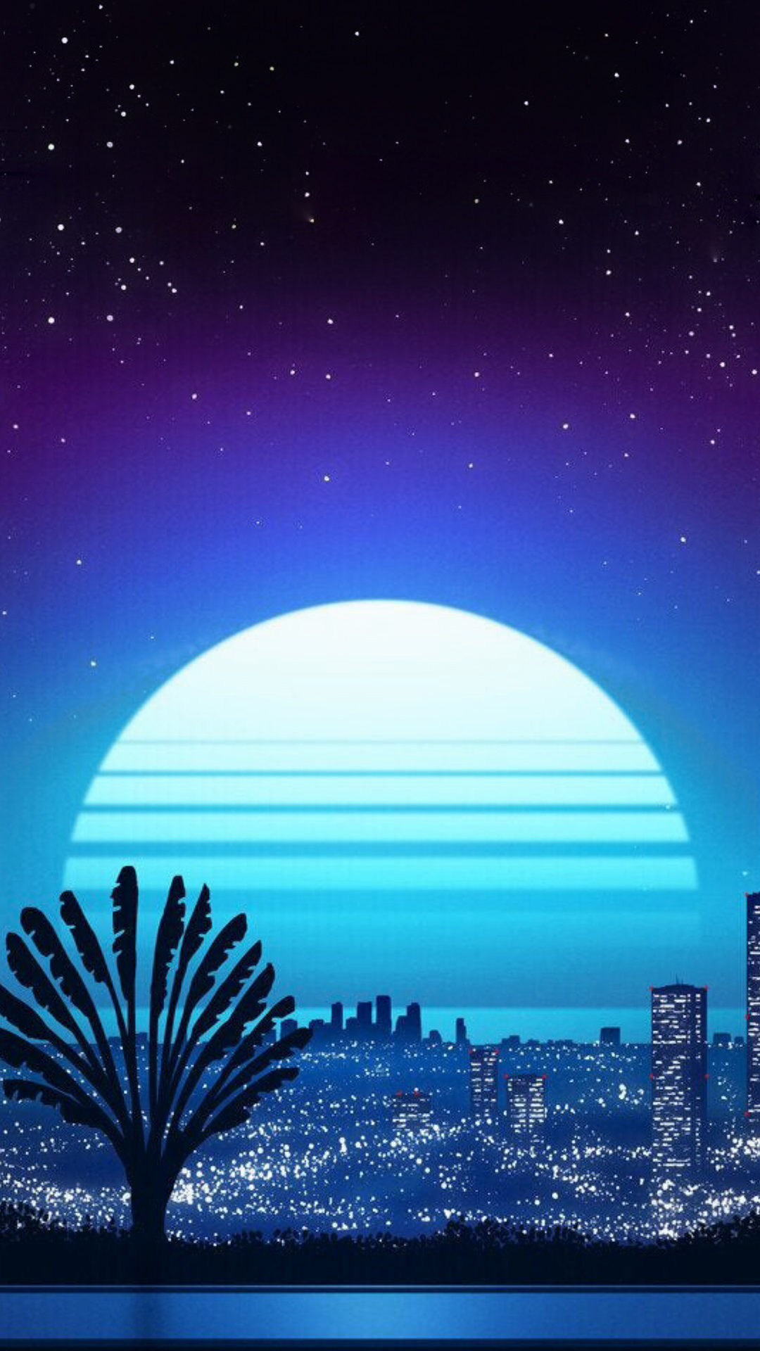 Sole synthwave città notturna, 1080x1920 Verticale, Mobile