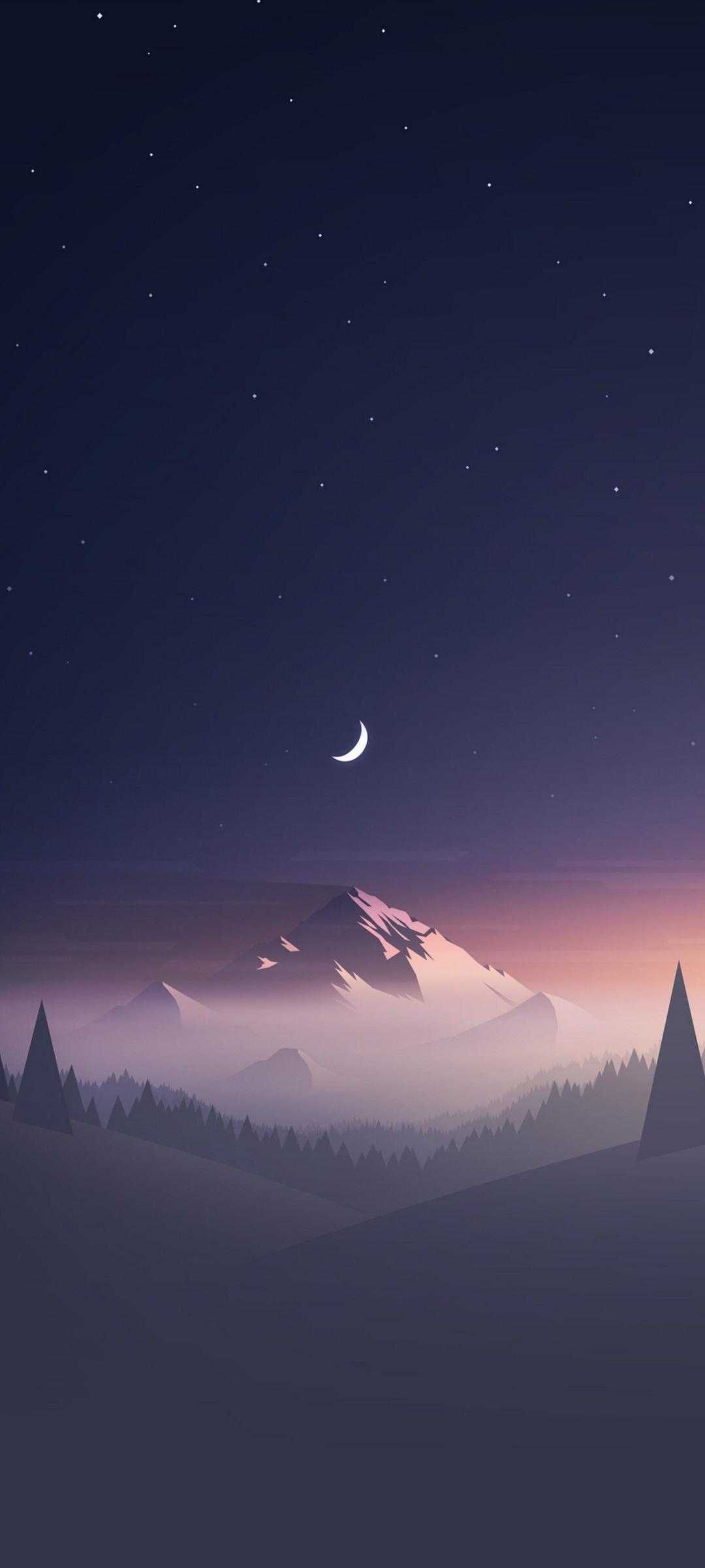 Montagna innevata notte luna, 1080x2400 Verticale, Telefono