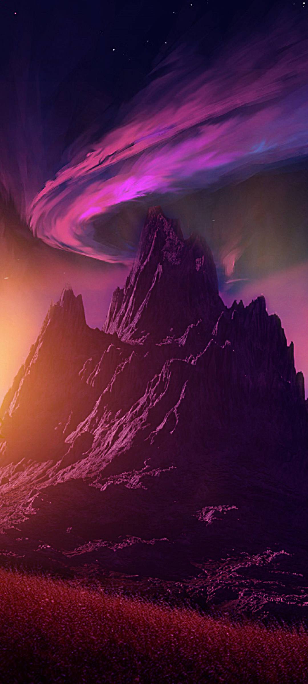 Montagna con aurora viola, 1080x2400 Verticale, Mobile