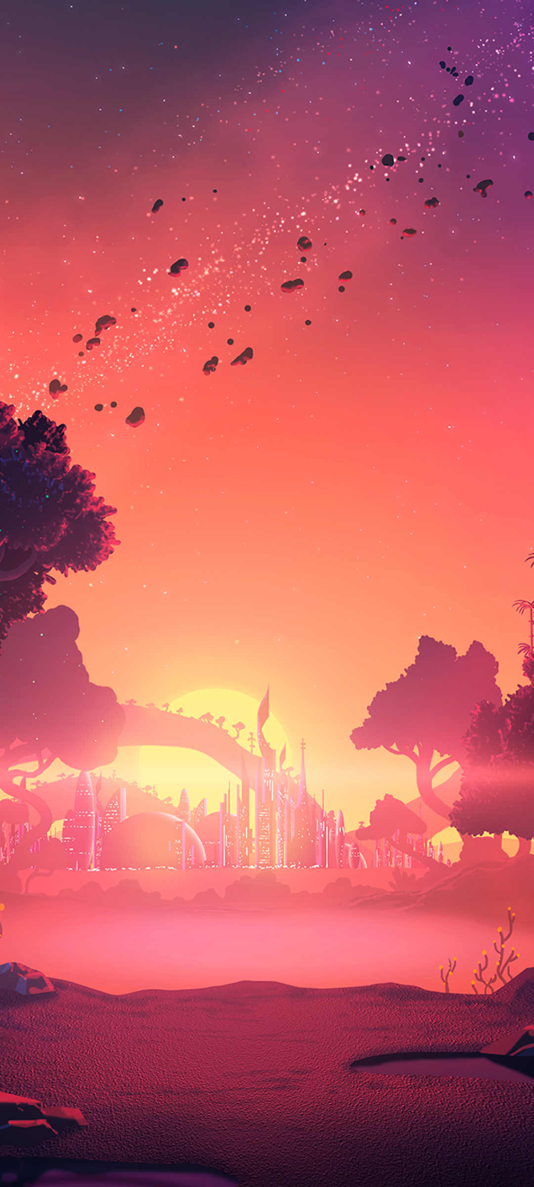 Paesaggio fantasy tramonto rosa, 1080x2400 Full HD Verticale, Smartphone