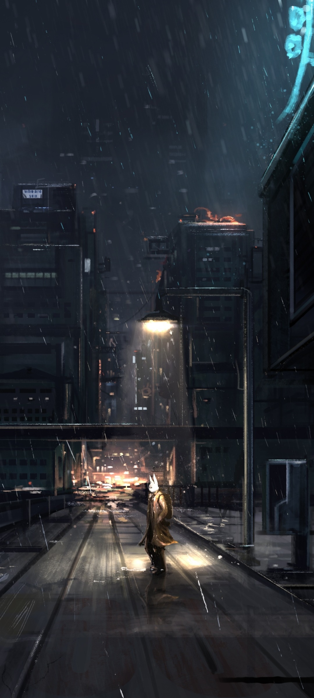 Città sci-fi notturna piovosa, 1080x2400 Verticale, Mobile