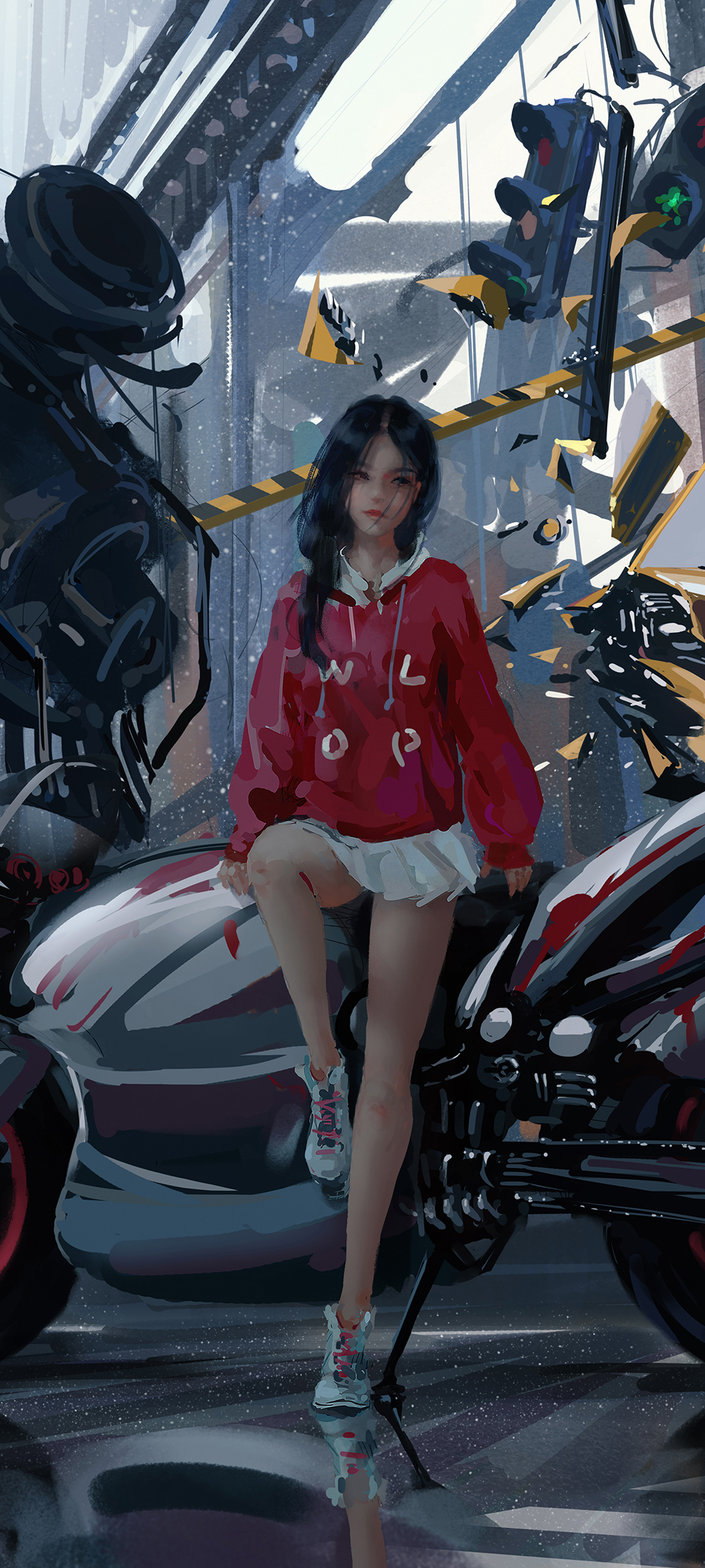 Ragazza anime maglione rosso moto, 1080x2400 Verticale, Telefono