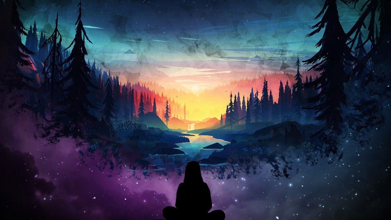 Persona silhouette tramonto foresta, 1366x768 HD, Desktop