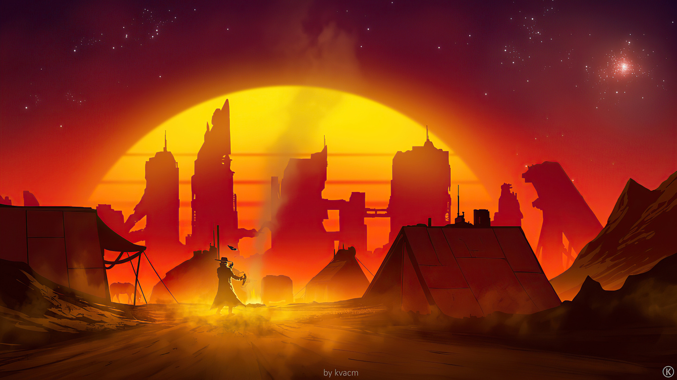 Cowboy retrowave tramonto arancione, 1366x768 720p, Laptop