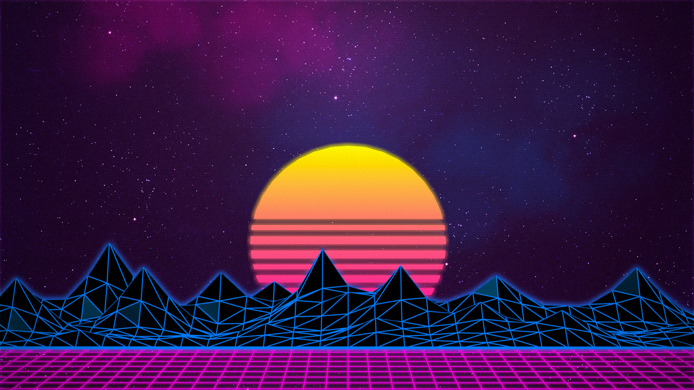 Sole retrowave montagne griglia neon, 1366x768 HD, Desktop