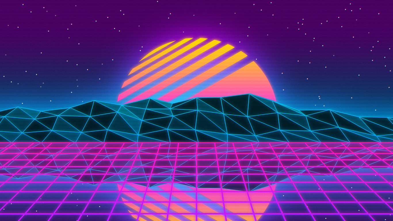 Paesaggio vaporwave montagne sole, 1366x768 HD, Desktop