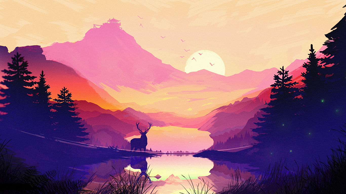 Cervo montagna lago tramonto, 1366x768 720p, iMac