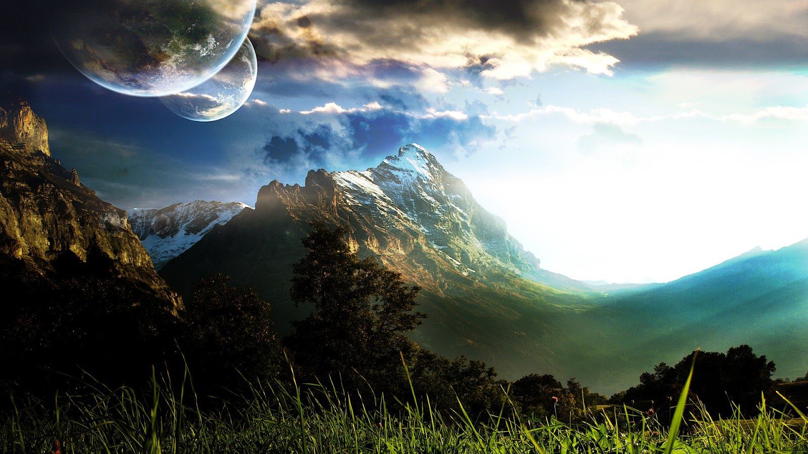 Montagna fantasy con pianeti, 1600x900 HD Ready, Desktop
