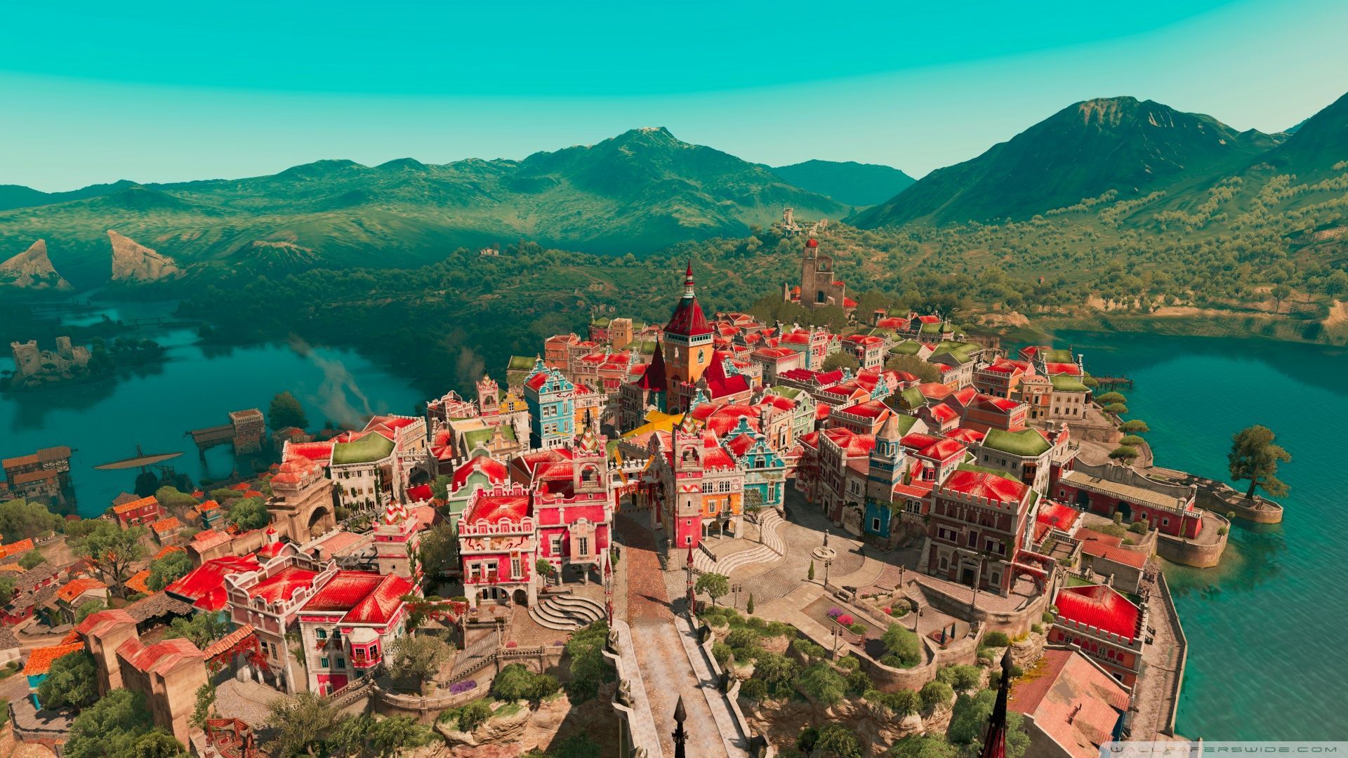 Villaggio costiero con montagne, 1920x1080 1080p, PC Desktop