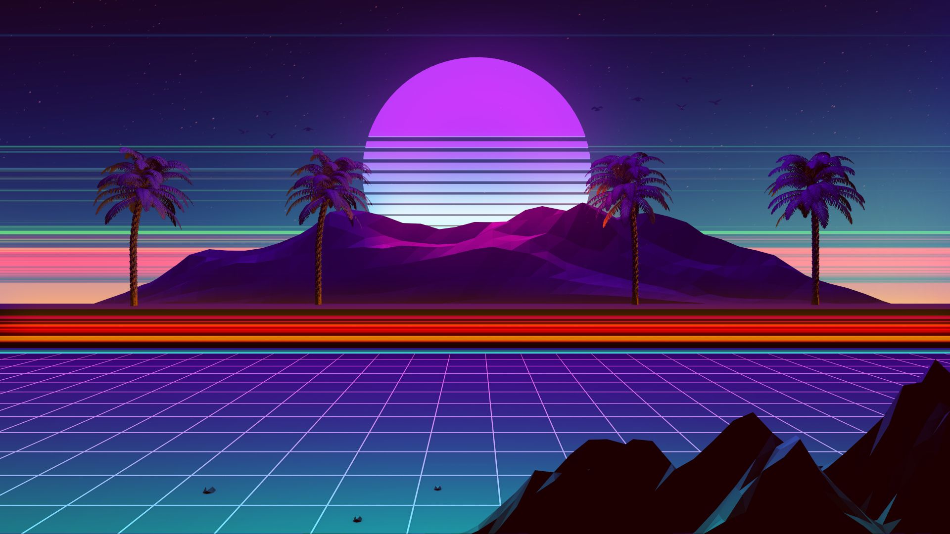 Synthwave montagne palme sole, 1920x1080 1080p, PC Desktop