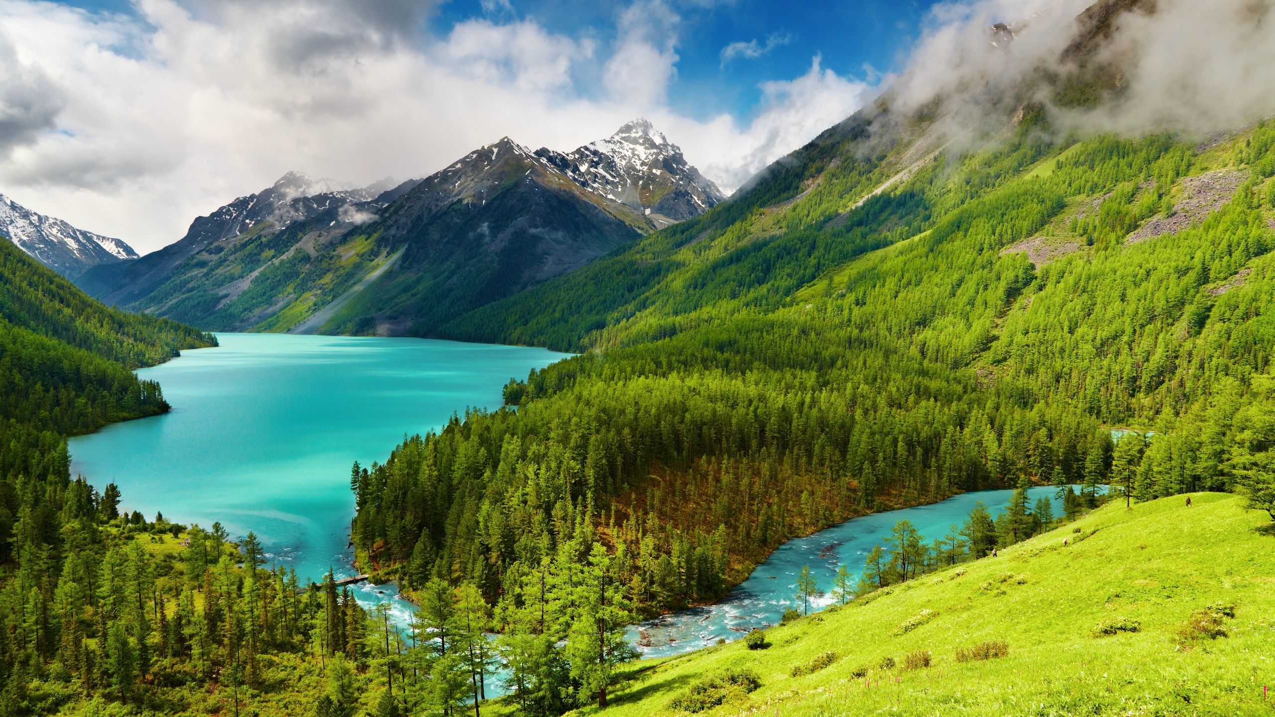 Lago turchese tra montagne verdi, 2560x1440 1440p, Desktop