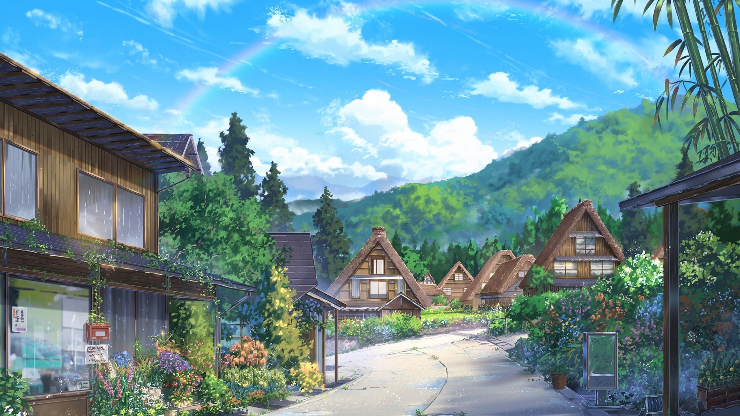 Villaggio anime tra montagne verdi, 2560x1440 2K, Monitor Gaming