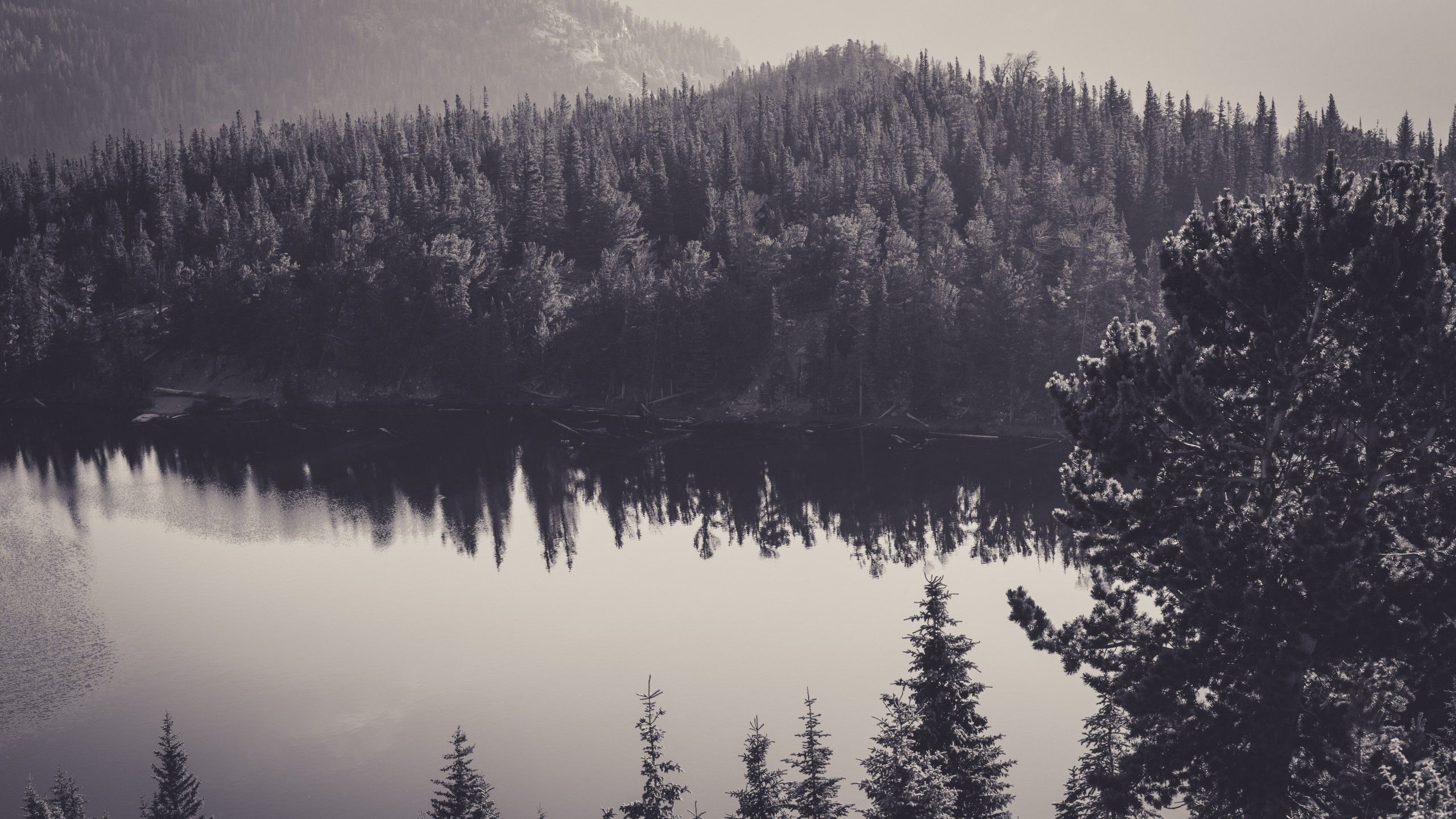 Lago montano bianco e nero, 2560x1440 2K, Desktop
