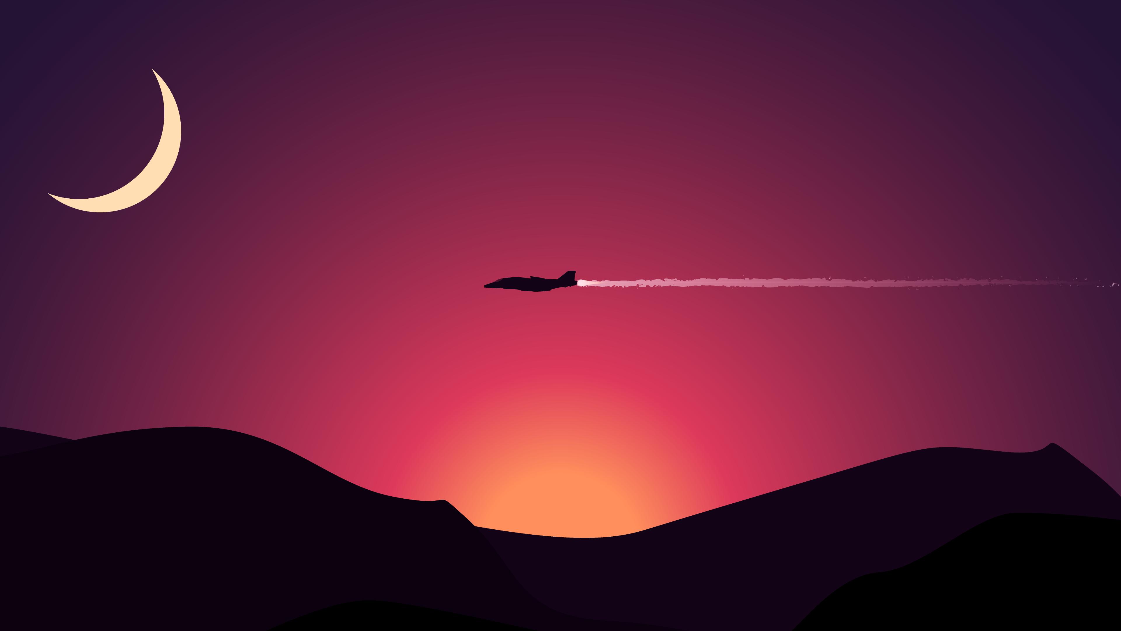 Aereo al tramonto con luna, 3840x2160 4K, Desktop 4K