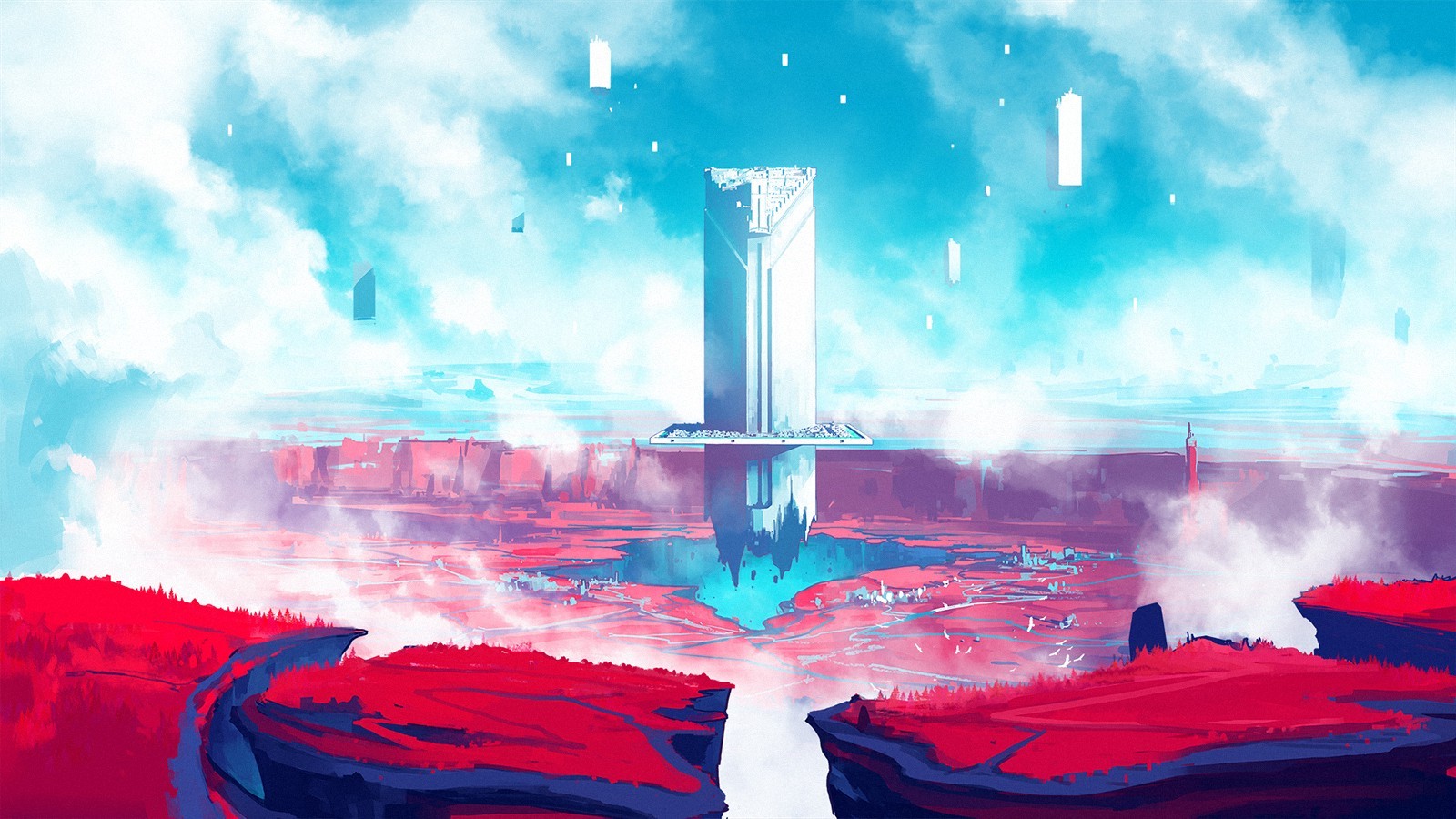 Torre astratta paesaggio rosso blu, 1600x900 HD, Desktop