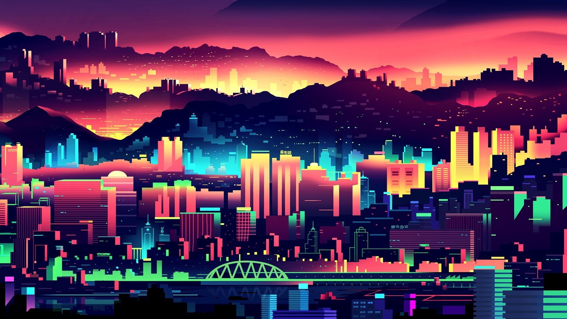 Skyline città 2D colorata neon, 1920x1080 1080p, Desktop