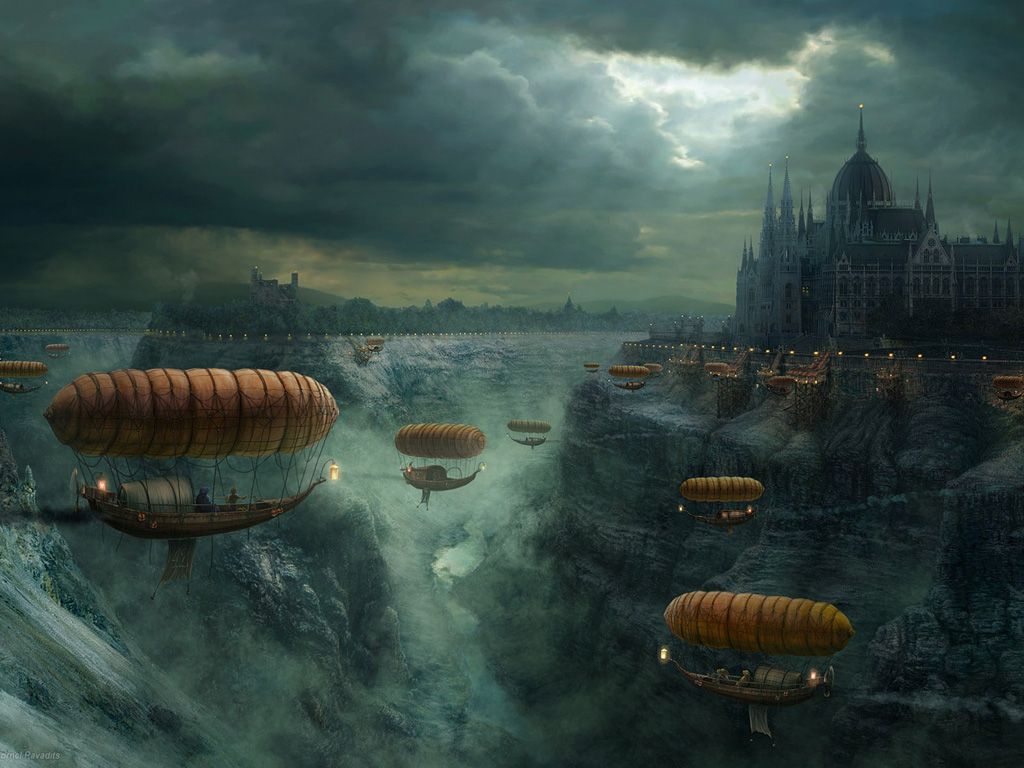 Dirigibili steampunk su città fantasy, 1024x768 HD, PC Desktop