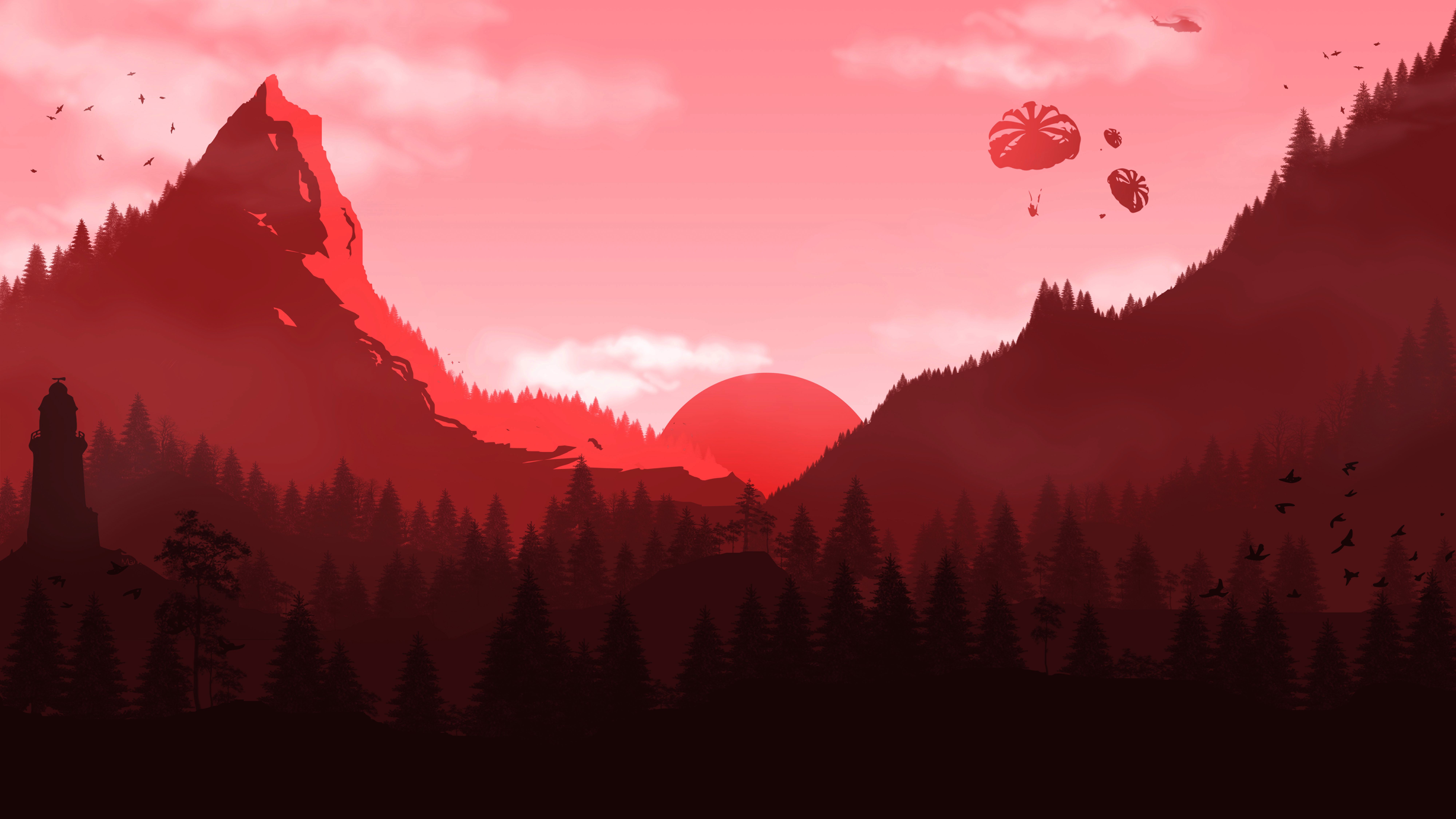 Paesaggio montano 2D tramonto rosso, 8000x4500 4K, Desktop 4K