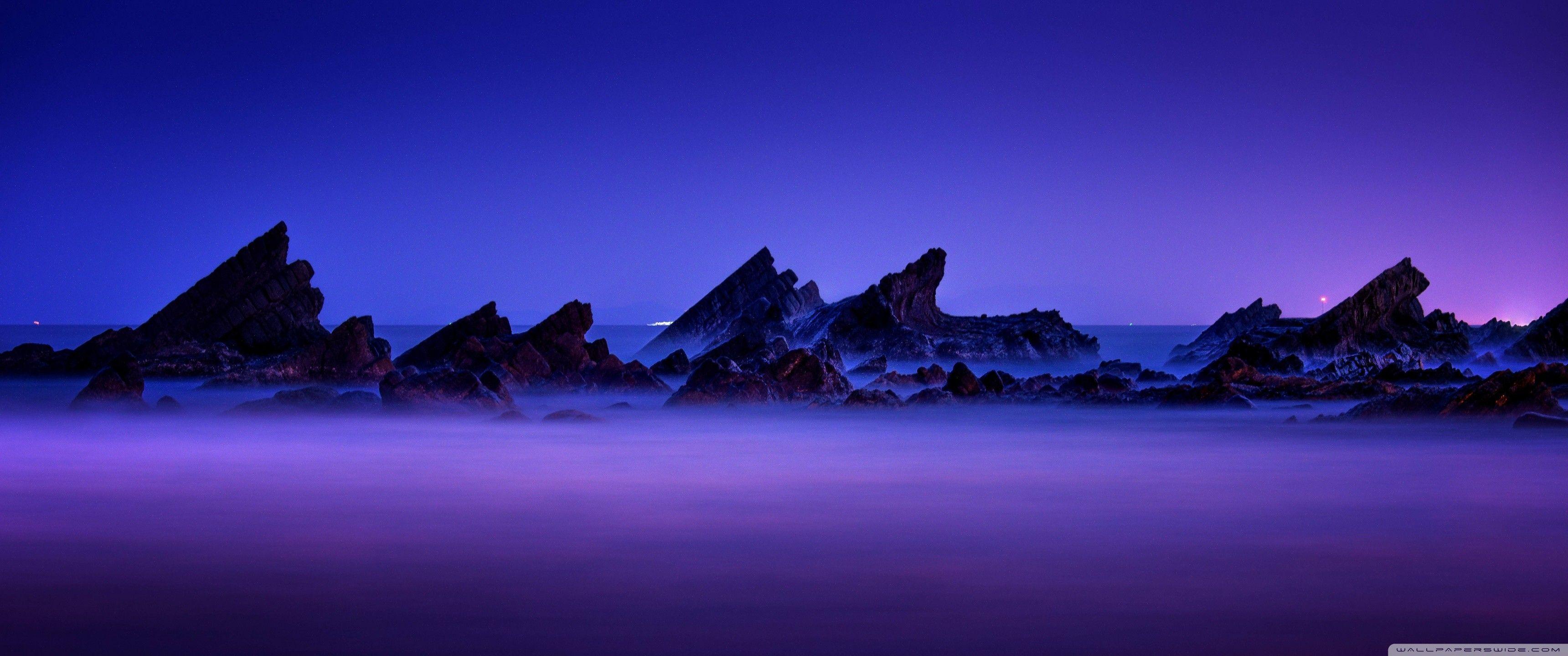 Rocce sulla spiaggia al crepuscolo, 3440x1440 Ultrawide, Dual Monitor