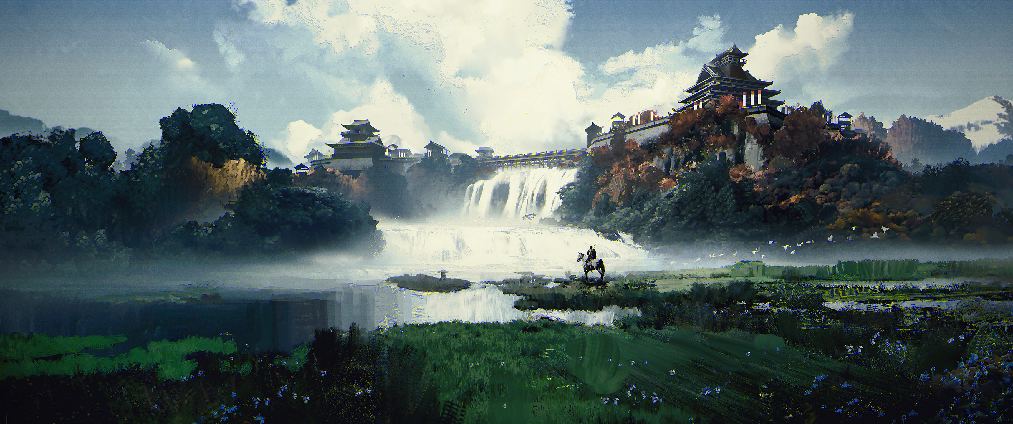 Paesaggio fantasy con cascata, 3440x1440 21:9, Ultrawide
