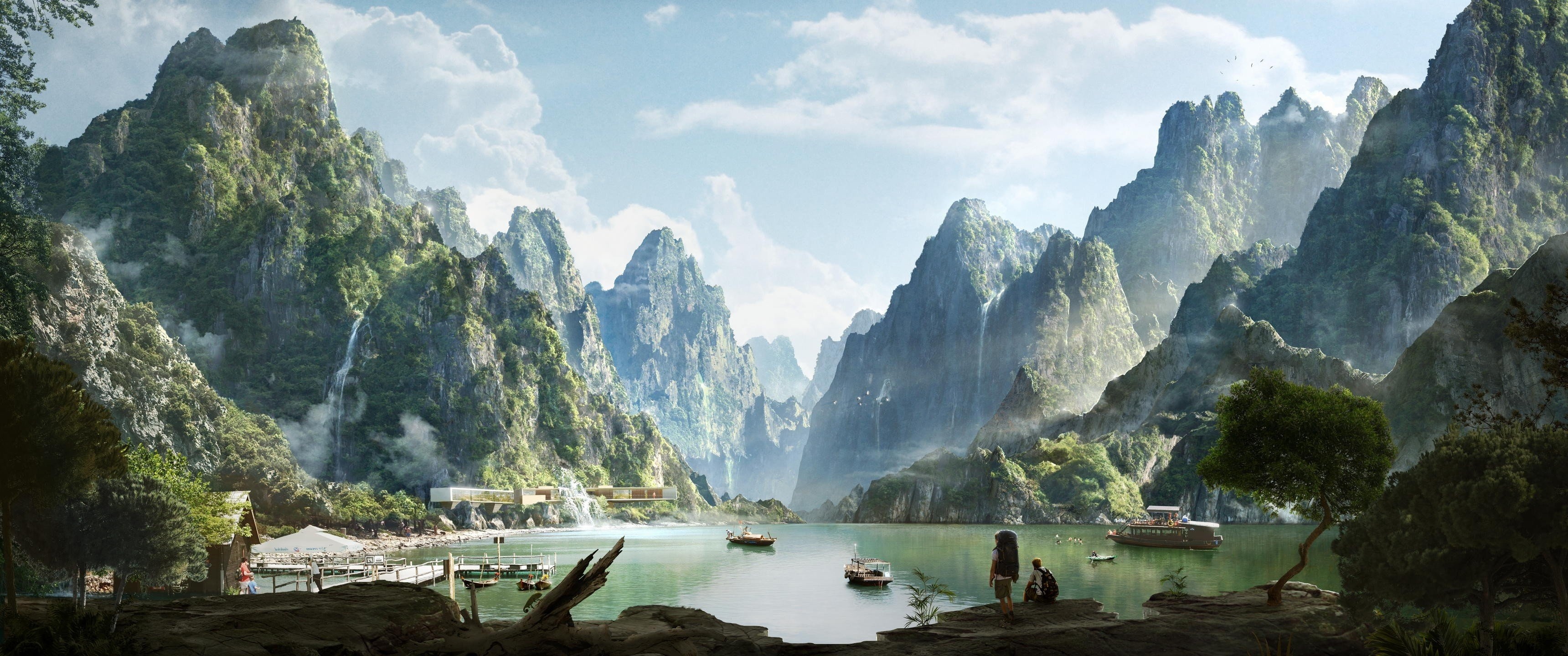 Montagne karst e fiume verde, 3440x1440 Panoramico, Monitor Gaming