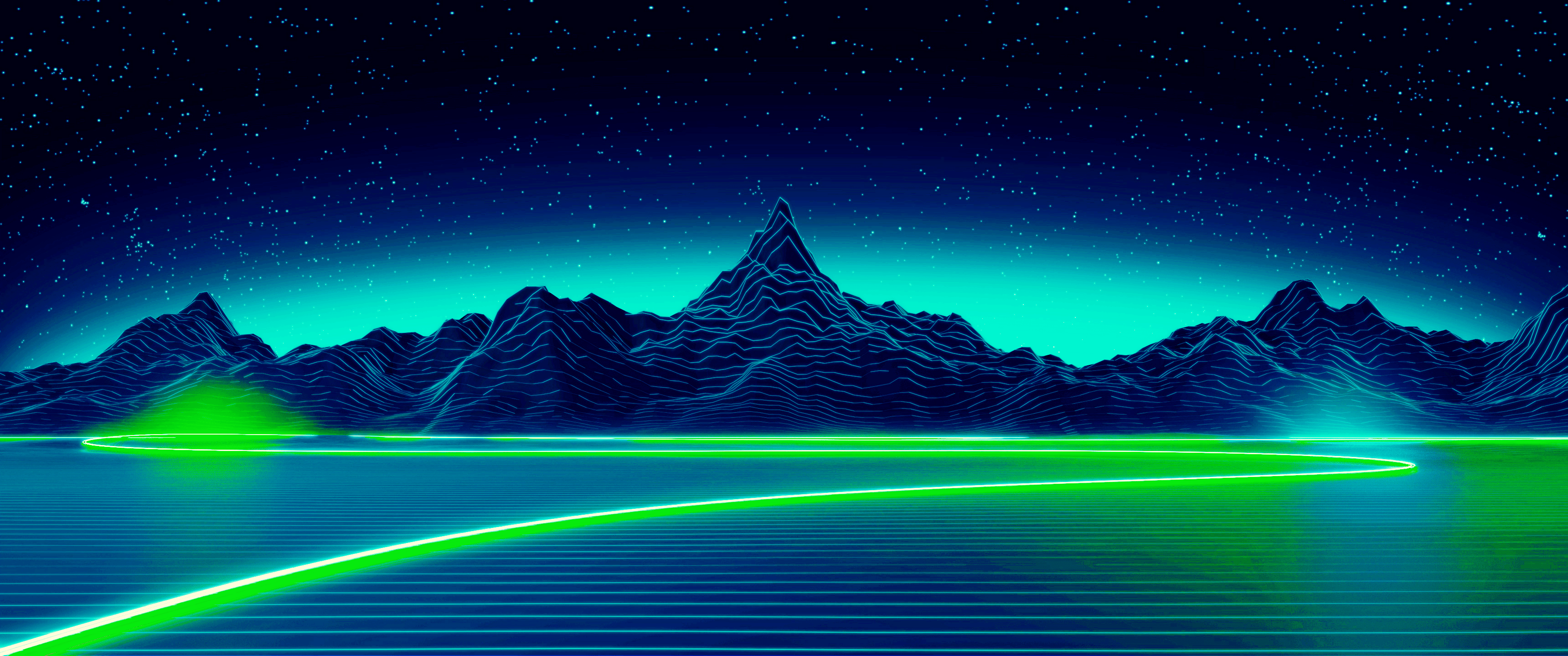 Montagne al neon retrowave verde, 3440x1440 Ultrawide, Dual Monitor