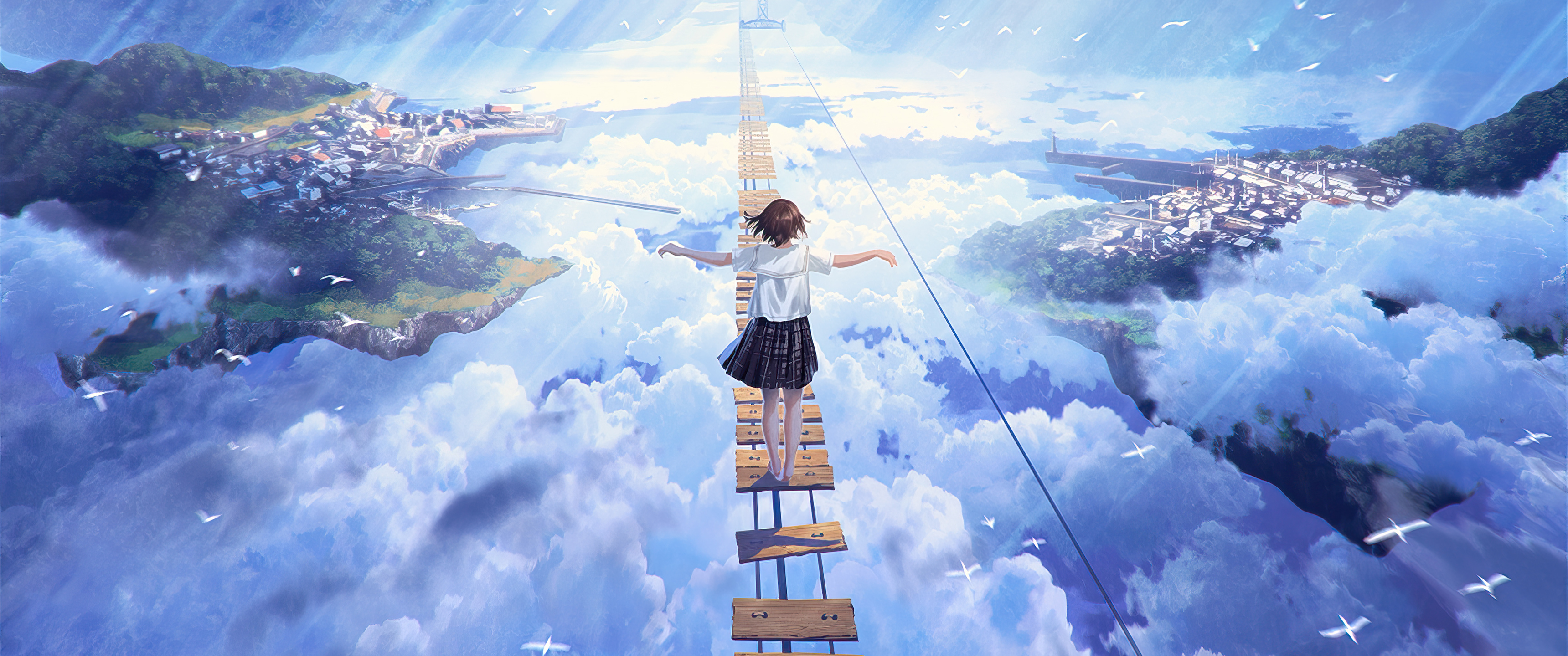 Ragazza anime su scala tra nuvole, 3440x1440 Ultrawide, Monitor Gaming