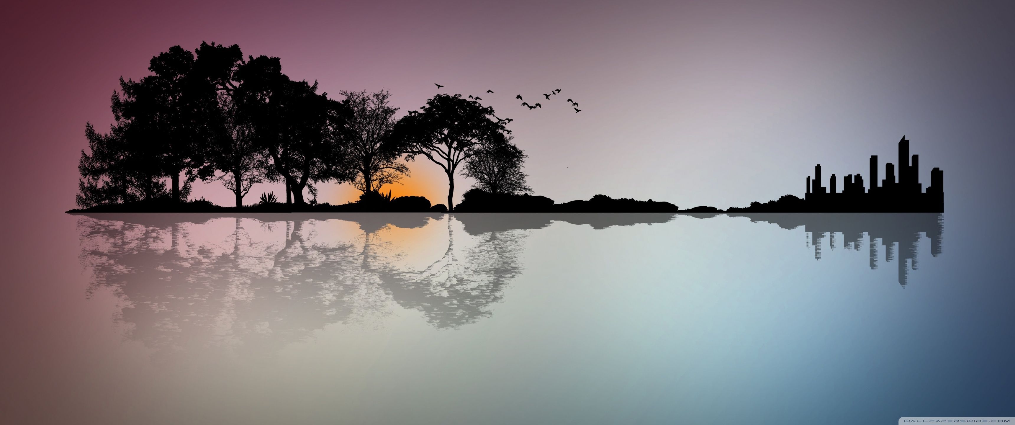 Silhouette alberi e città al tramonto, 3440x1440 21:9, Ultrawide
