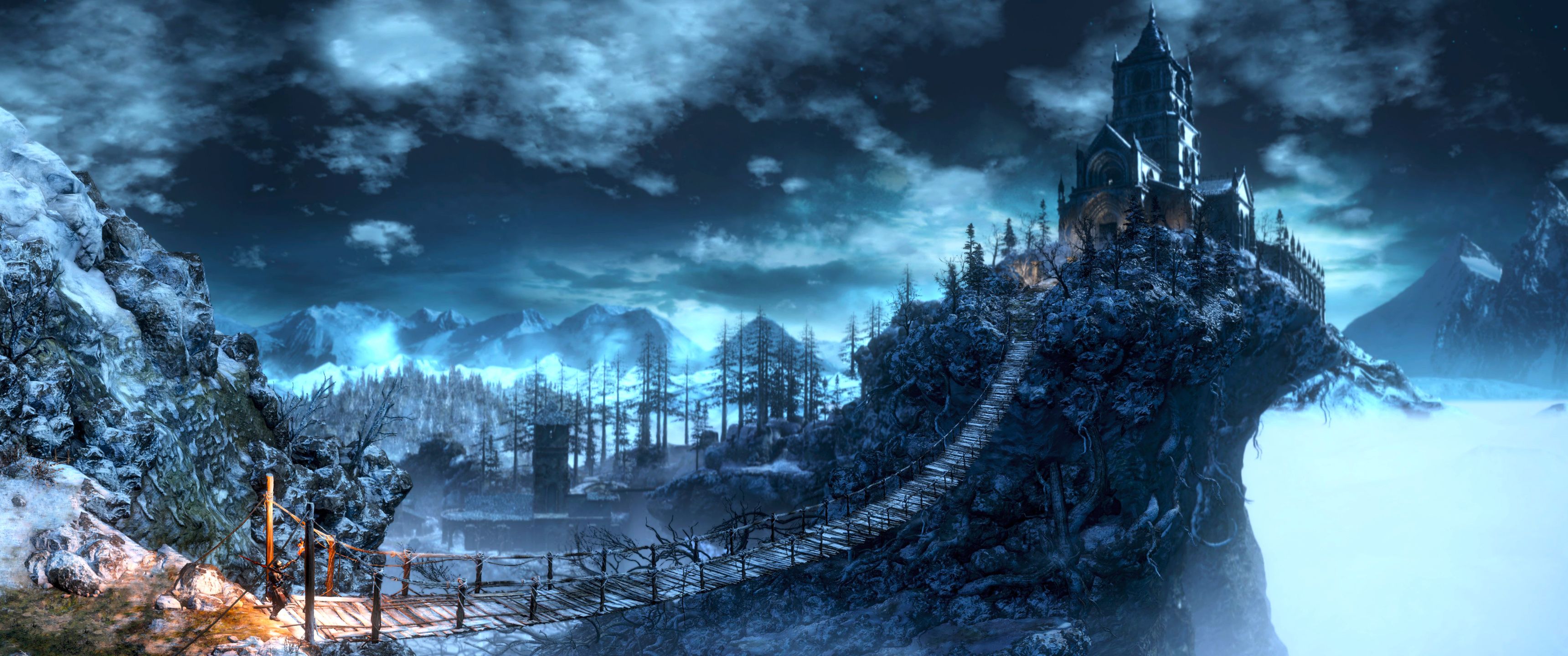 Castello fantasy montagna innevata, 3440x1440 21:9, Ultrawide