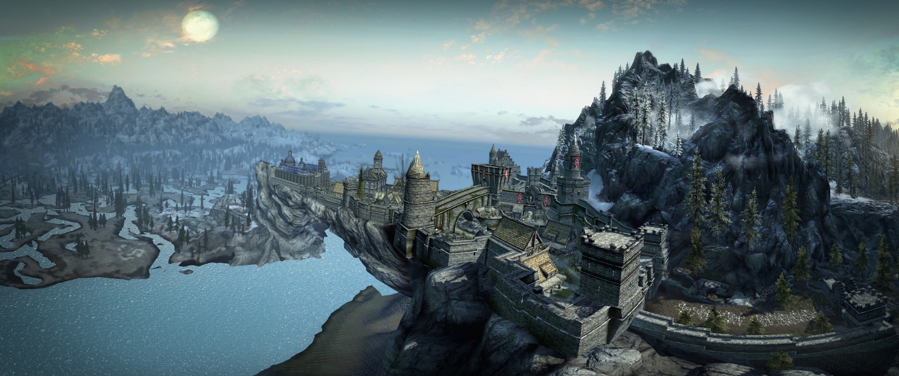 Skyrim città fortezza montagna, The Elder Scrolls, 3440x1440 Ultrawide, Dual Monitor