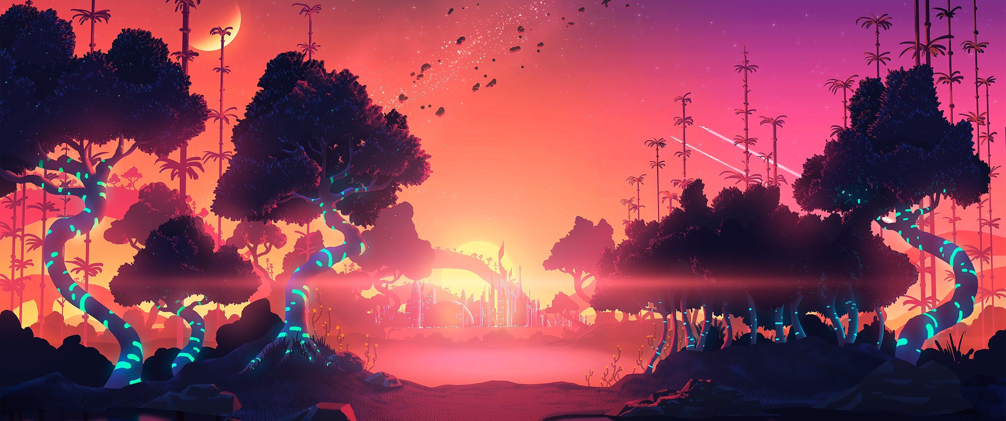 Foresta fantasy al tramonto, 3440x1440 Panoramico, Dual Screen