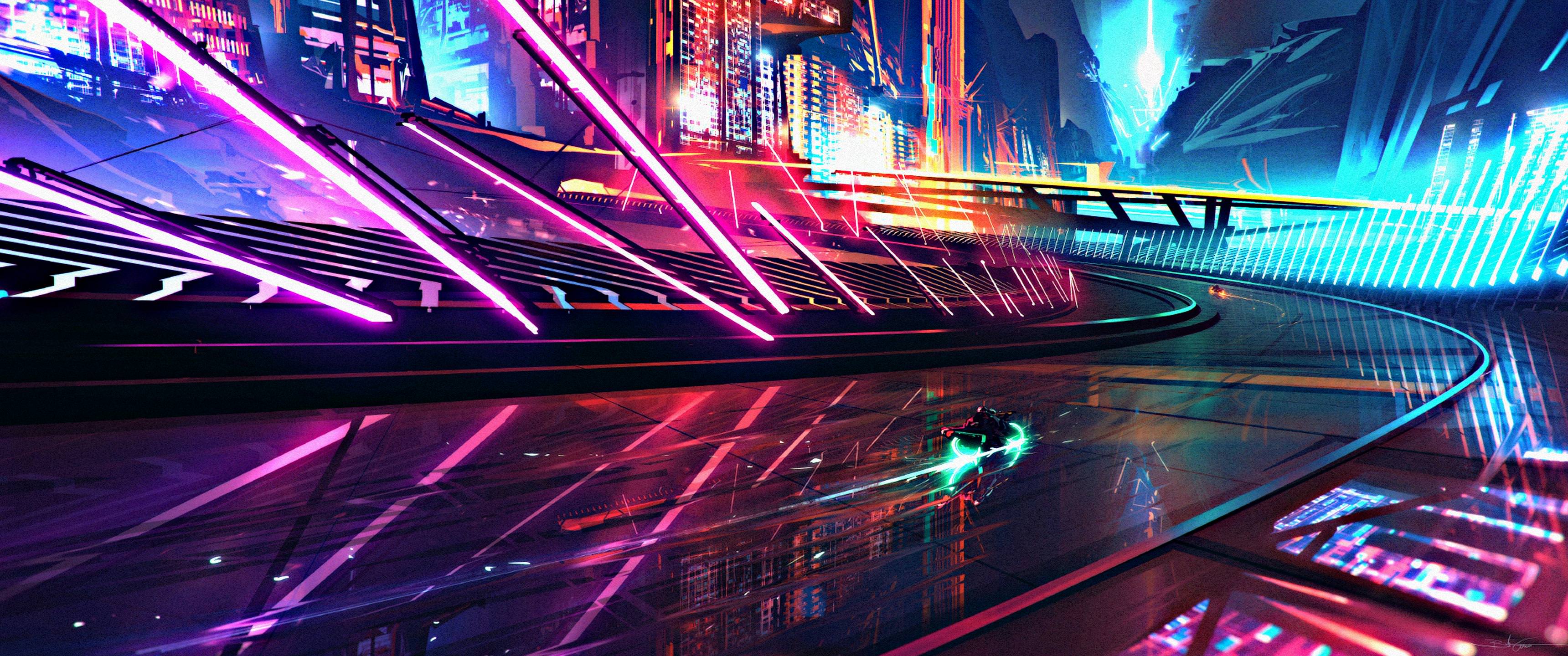 Strada futuristica neon città, 3440x1440 Ultrawide, Dual Monitor