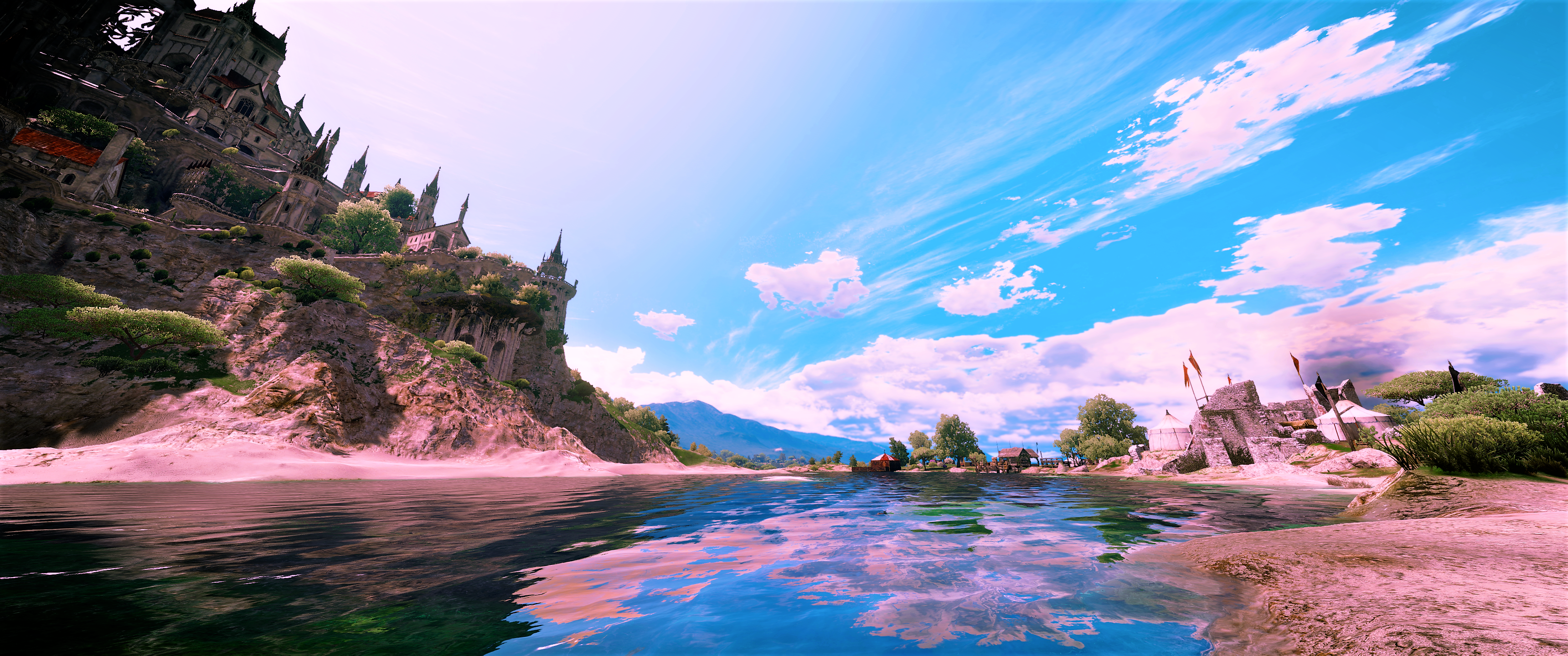 Castello fantasy su falesia, lago, 3440x1440 Panoramico, Dual Screen