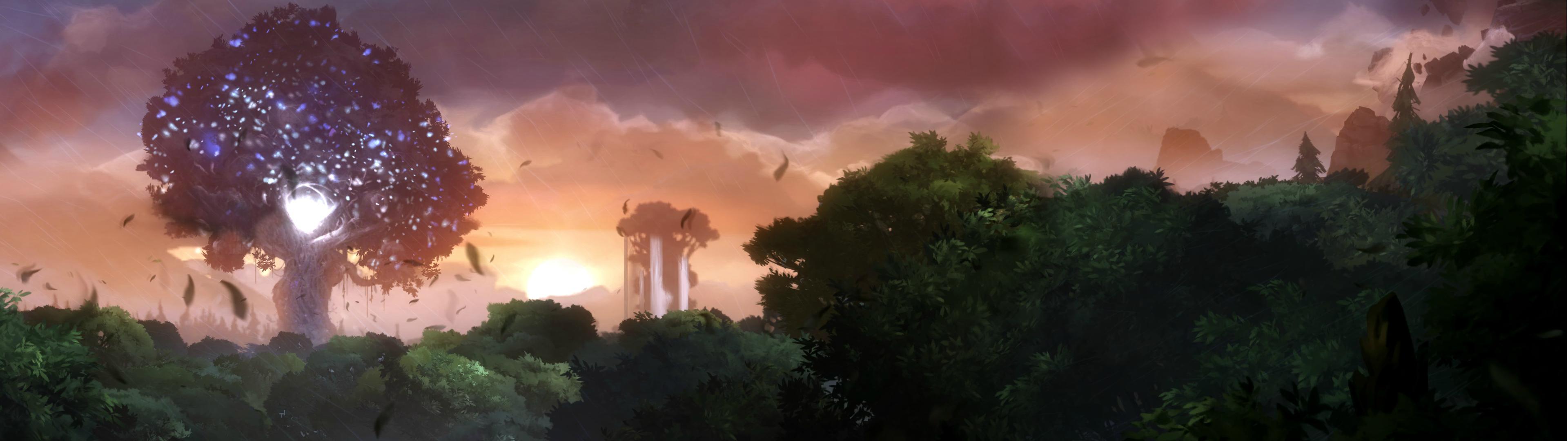 foresta con tramonto arancione, 3840x1080 21:9, Monitor 4K