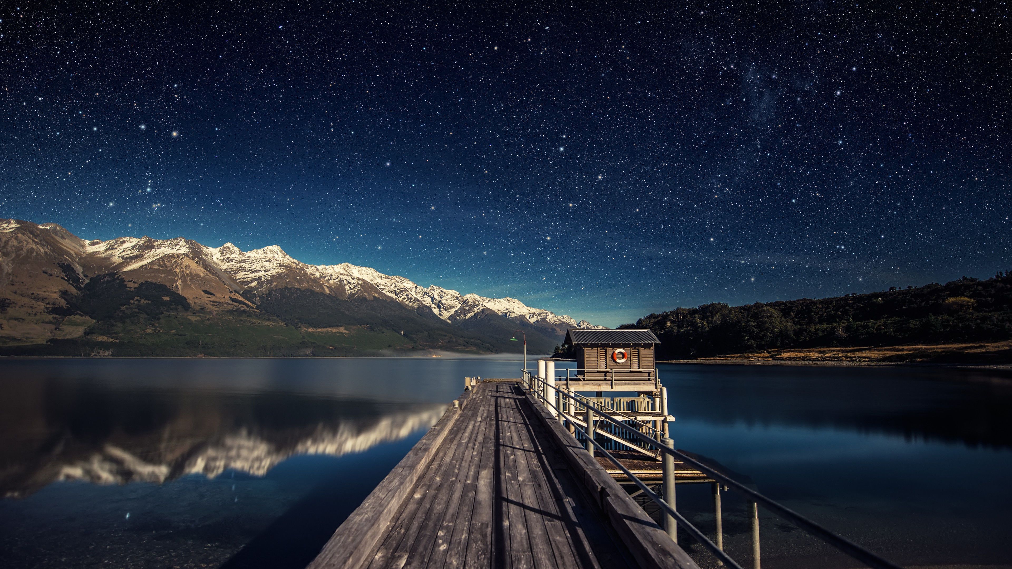 Molo notturno lago montagne, 3840x2160 4K, Desktop 4K