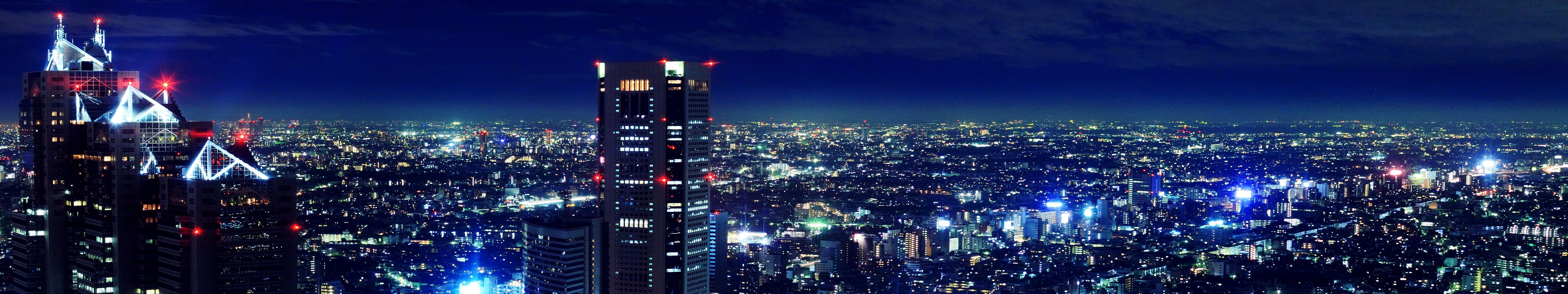 Skyline notturno città illuminata, 5760x1080 Panoramico, Dual Screen