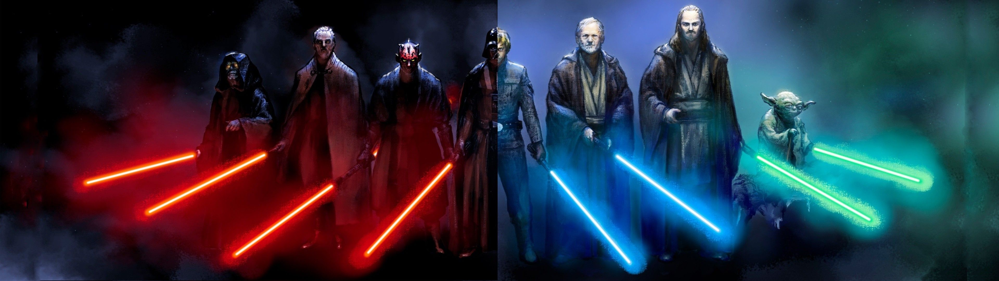Personaggi Star Wars con spade laser, Jedi, 3840x1080 Panoramico, Dual Screen