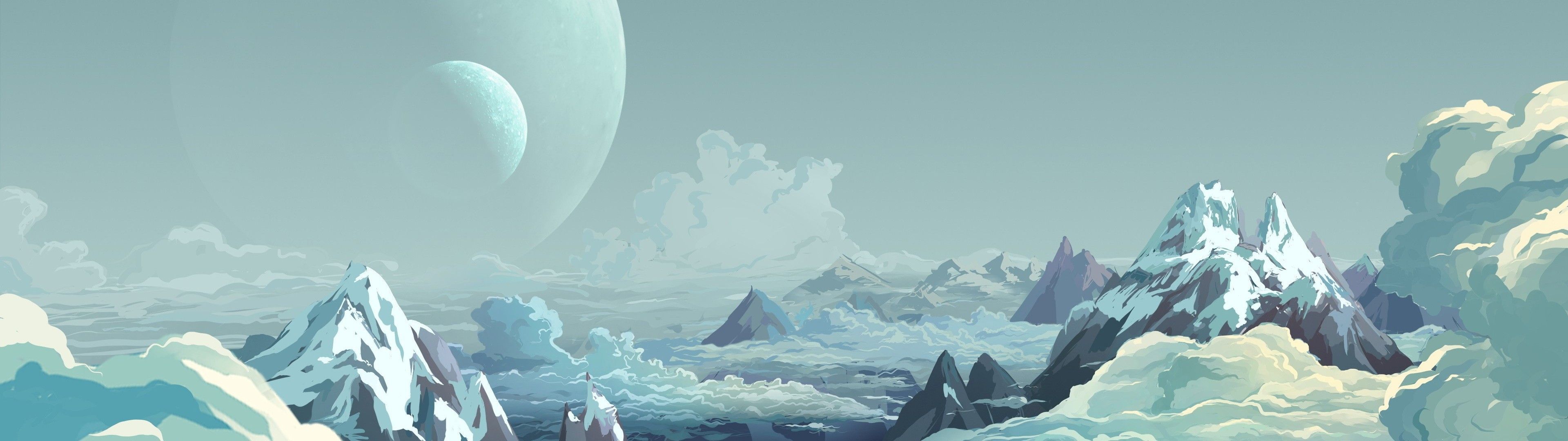 Montagne innevate con pianeta, 3840x1080 21:9, Ultrawide