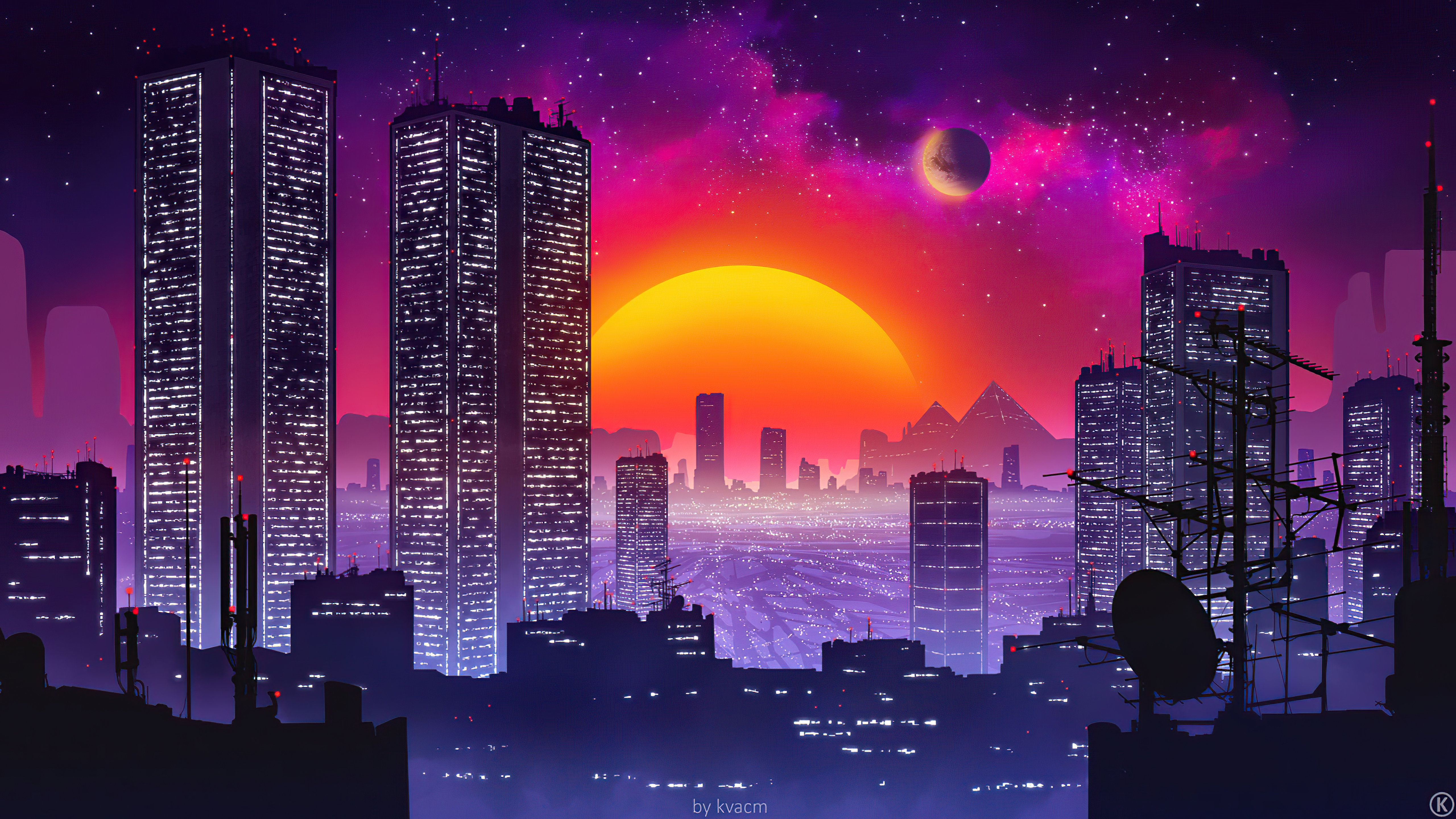 Skyline sintetico al tramonto viola, 5120x2880 UHD, PC 4K