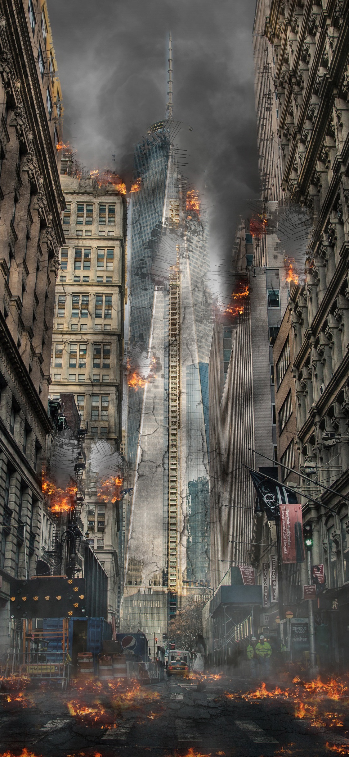 Città in fiamme distruzione urbana, 1125x2436 Verticale, Mobile