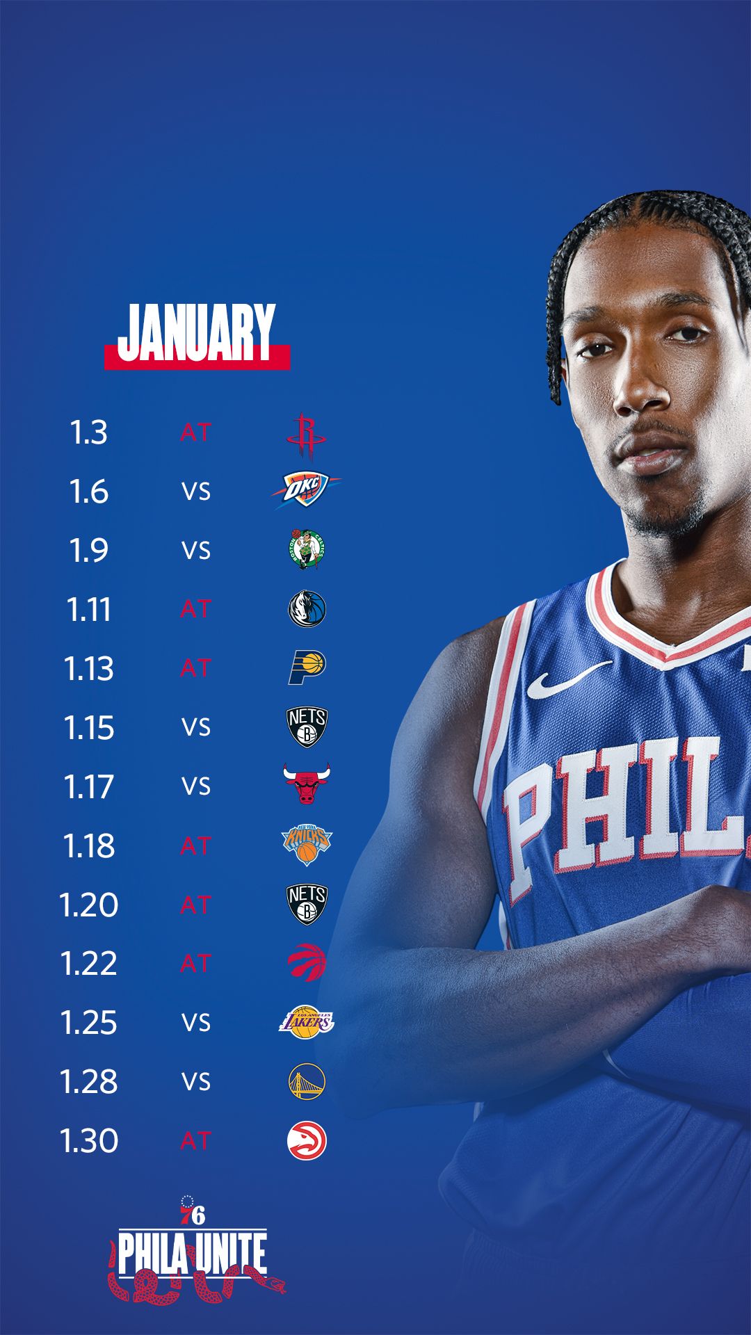 Calendario gennaio Philadelphia 76ers, 1080x1920 Full HD Verticale, Samsung Galaxy