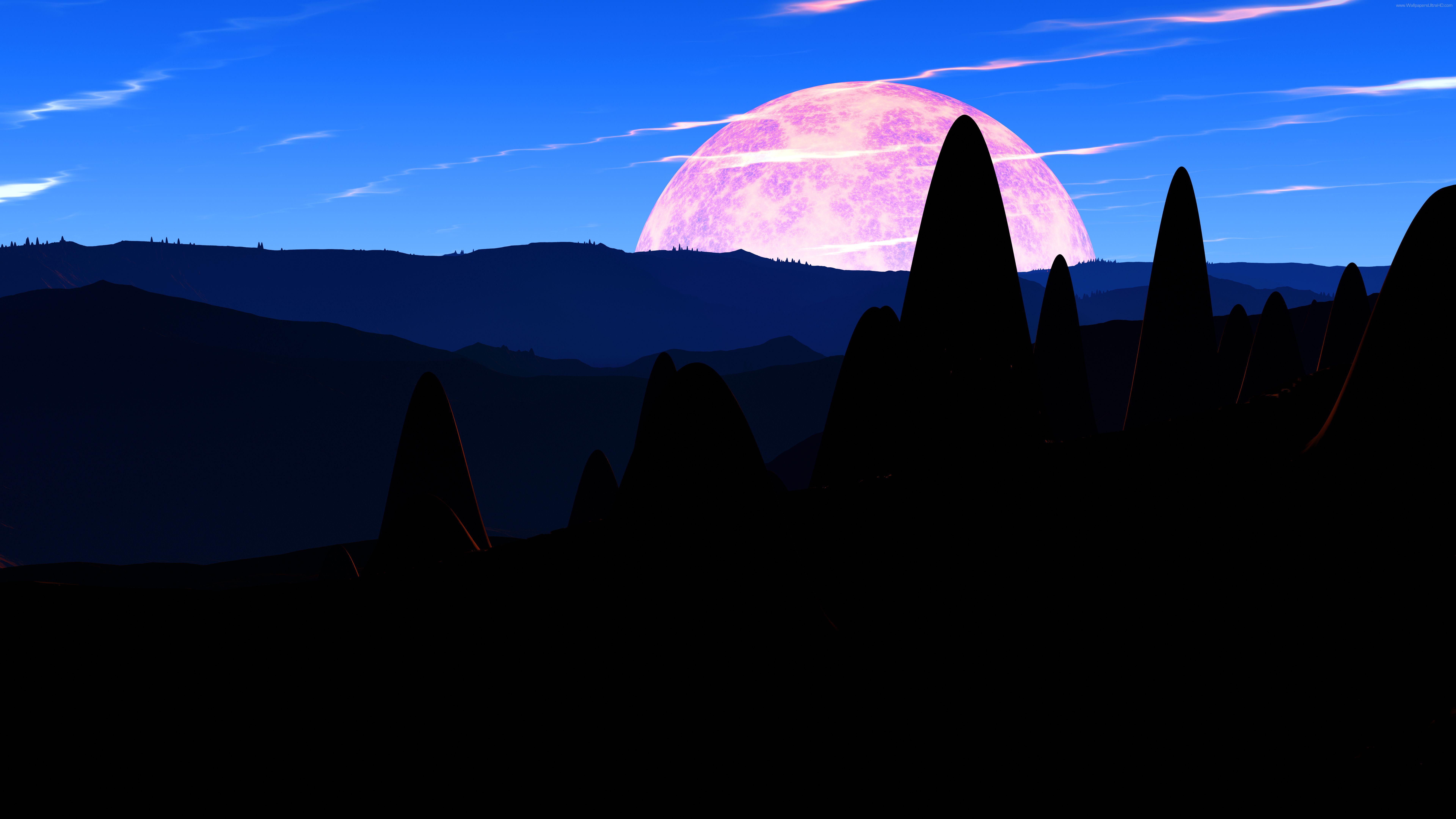 Luna rosa su colline notturne, 7680x4320 4K, PC Desktop
