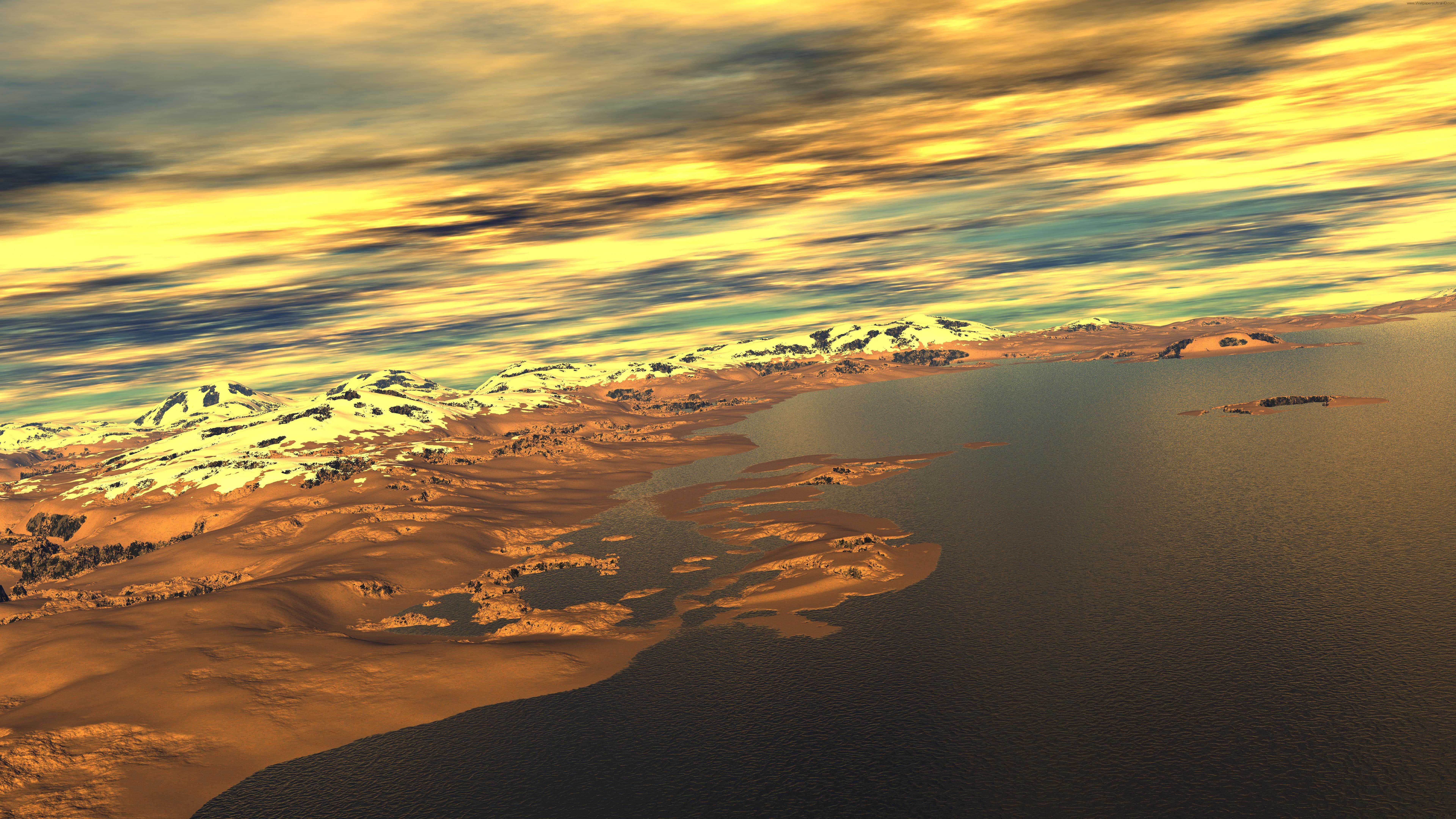 Tramonto costa montagne innevate, 7680x4320 4K Ultra HD, Desktop